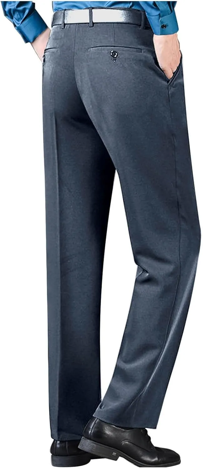 Mens Classic Fit Dress Pants Flat Front Straight Leg Formal Wrinkle Free Expandable Waist Casual Business Suit Pants