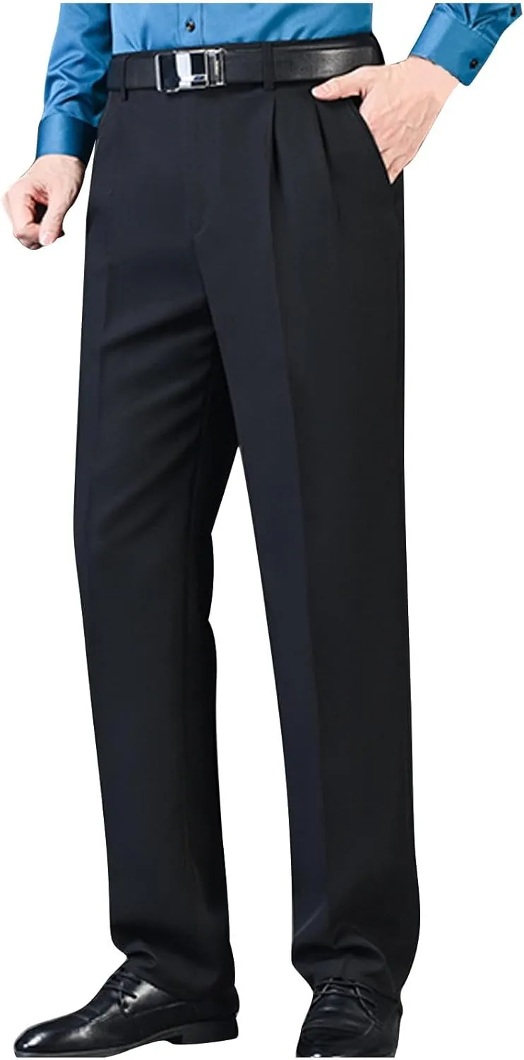 Mens Classic Fit Dress Pants Flat Front Straight Leg Formal Wrinkle Free Expandable Waist Casual Business Suit Pants