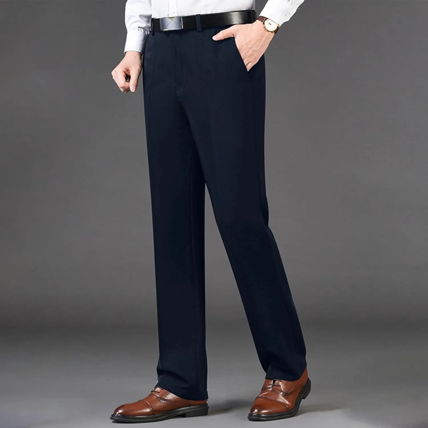Mens Classic Fit Dress Pants Flat Front Straight Leg Formal Wrinkle Free Expandable Waist Casual Business Suit Pants