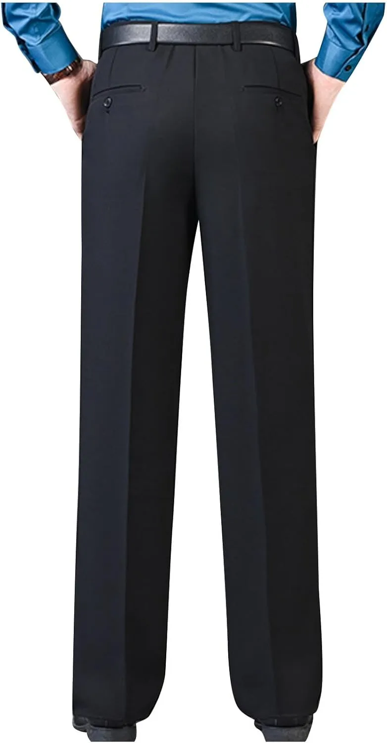 Mens Classic Fit Dress Pants Flat Front Straight Leg Formal Wrinkle Free Expandable Waist Casual Business Suit Pants