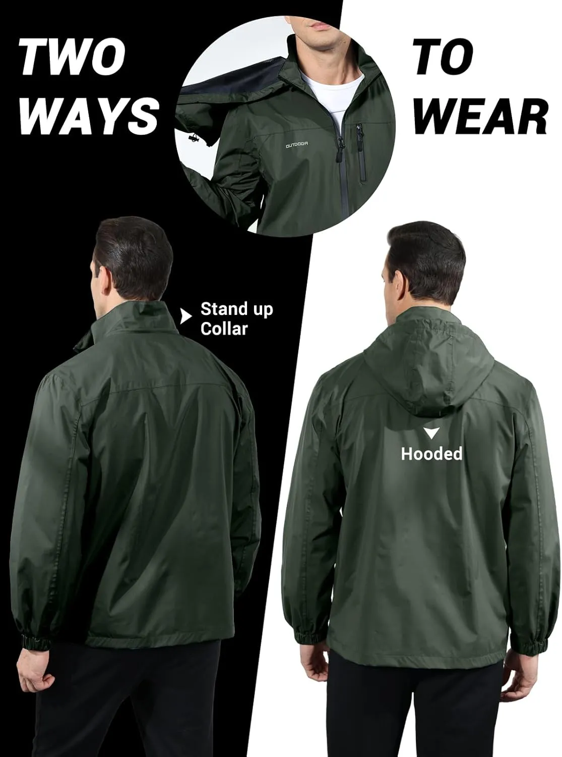Men's Classic Windbreaker Jacket Lightweight All-Sport Waterproof Hiking Coat Detachable Hooded Windbreakers for Men