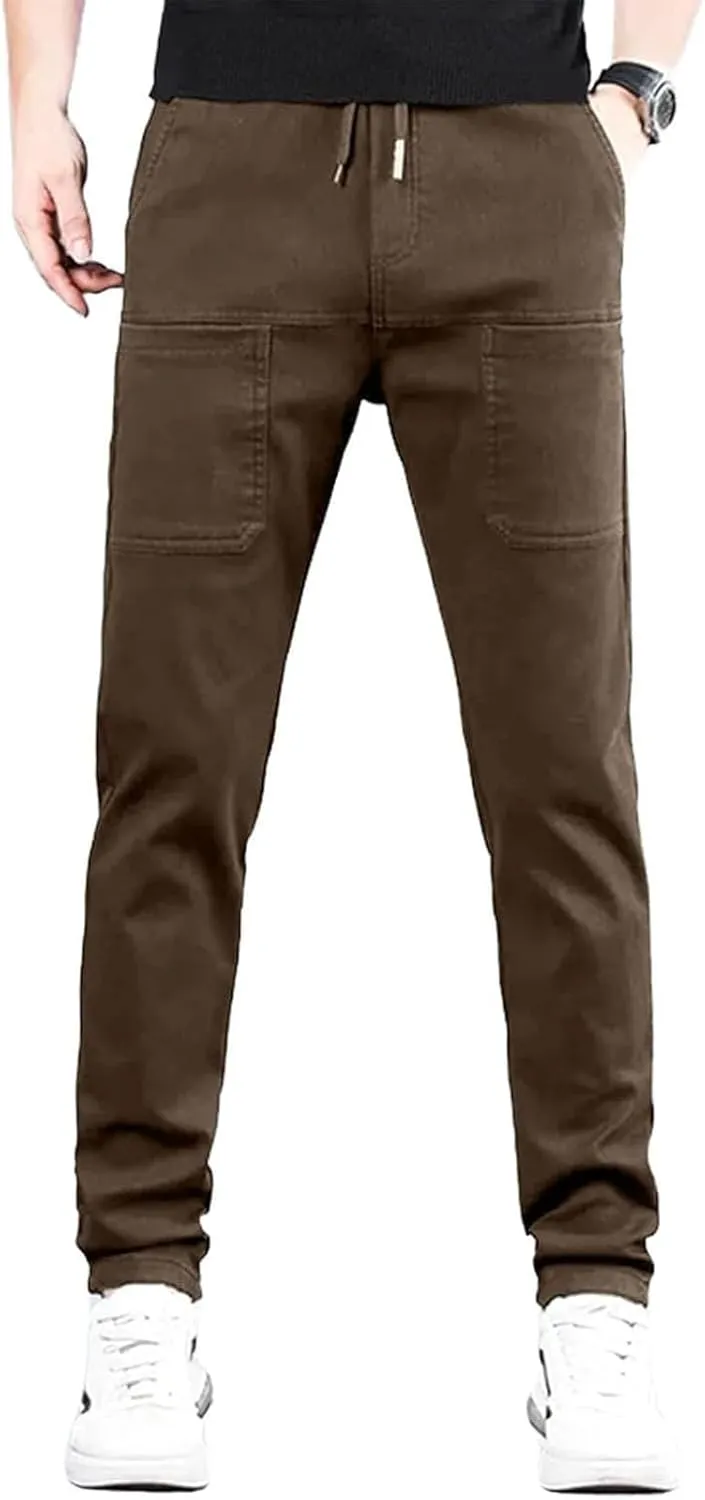 Mens Corduroy Drawstring Elastic Waist Baggy Tapered Wide Leg Cargo with Pockets Casual Joggers Sweatpants Pants