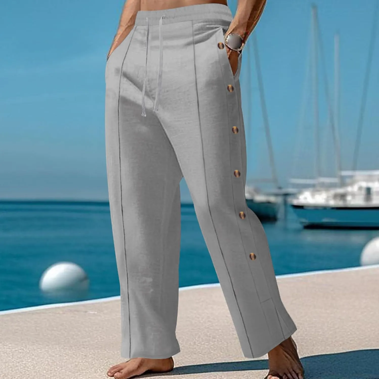 Mens Cotton Linen Elastic Waist Drawstring Trendy Button Decoration Comfy Yoga Summer Beach Trousers Pants