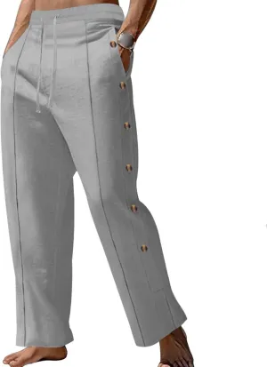 Mens Cotton Linen Elastic Waist Drawstring Trendy Button Decoration Comfy Yoga Summer Beach Trousers Pants
