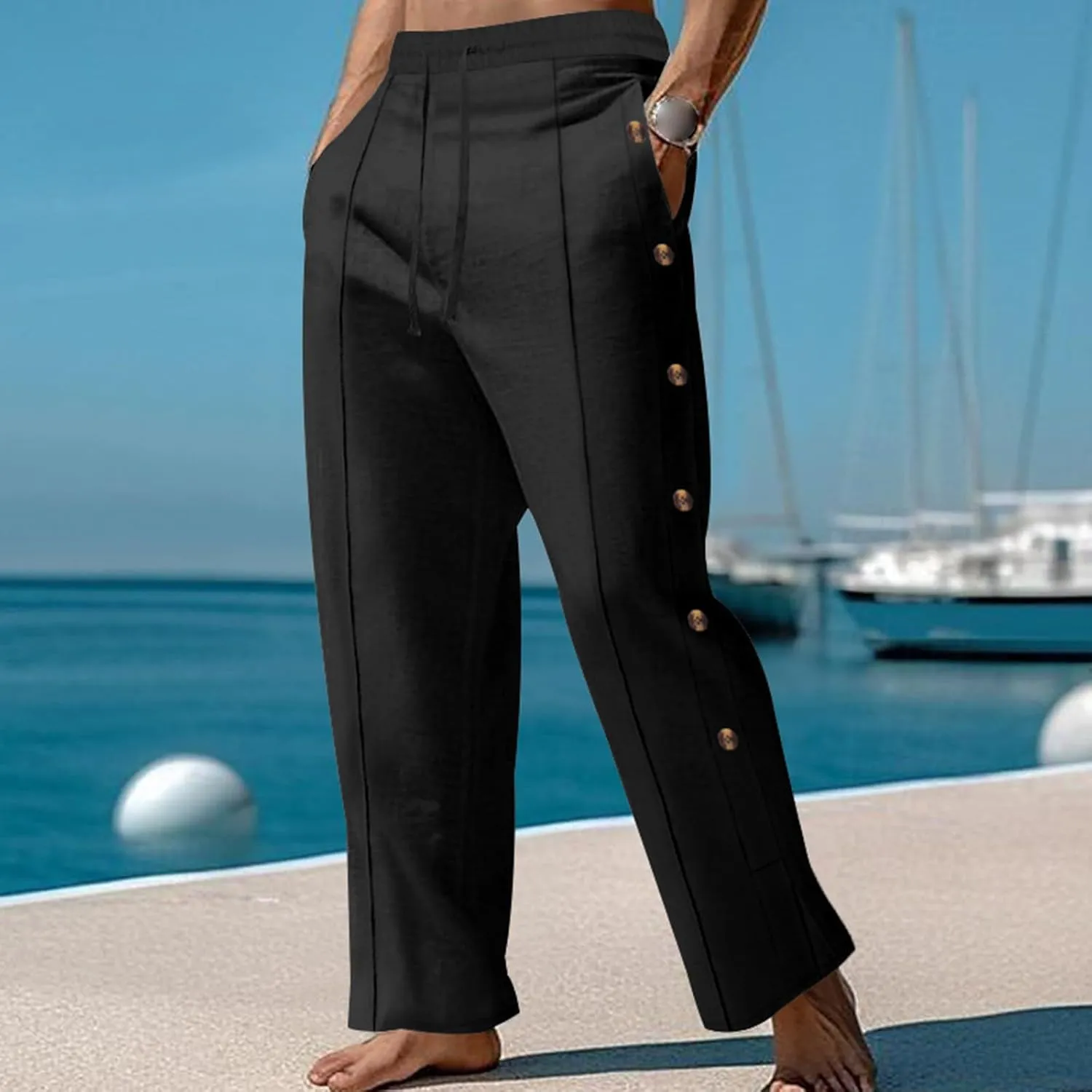 Mens Cotton Linen Elastic Waist Drawstring Trendy Button Decoration Comfy Yoga Summer Beach Trousers Pants
