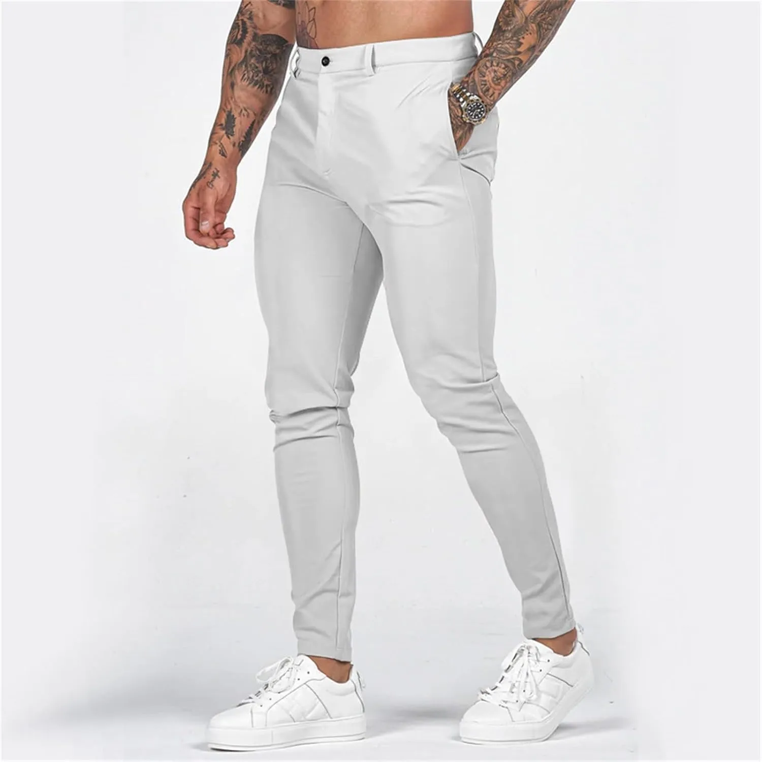 Mens Fashion Slim Fit Golf Dress Pants Casual Business Skinny Stretch Flat-Front Tapered Leg Chino Expandable Waist Suit Pant
