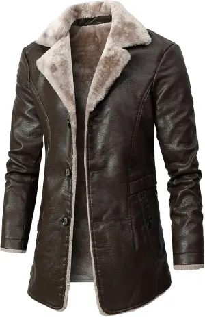 Men's Faux Leather Jacket Thick Faux Fur Shearling Lapel Collar Botton Down Long Trench Coats Black Brown