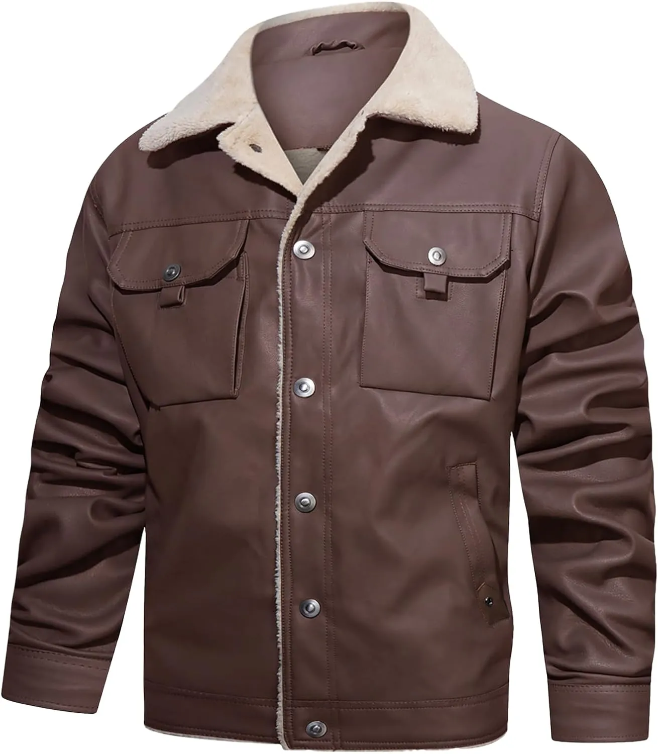 Men's Faux Leather Sherpa Lined Trucker Jacket Collar Winter Warm Coats Multi Pocket