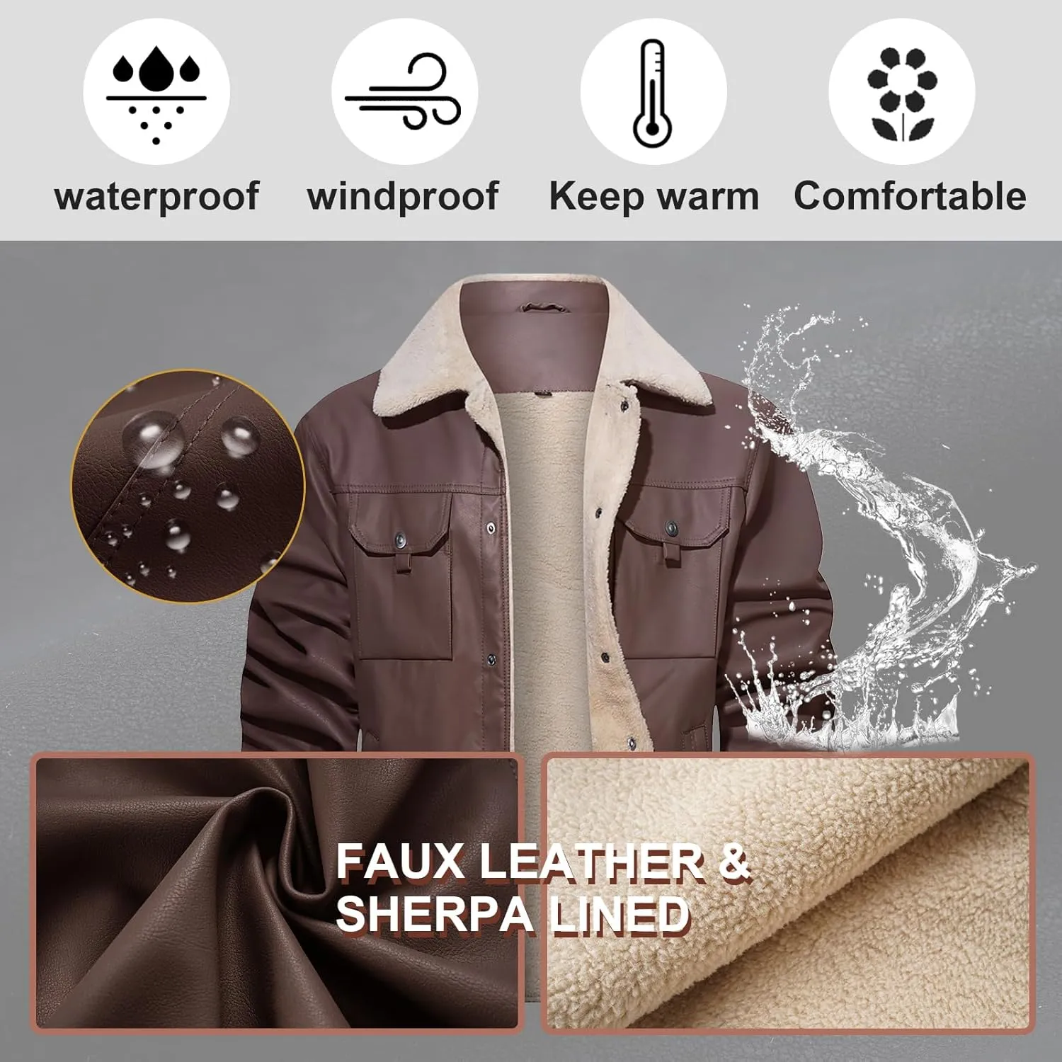 Men's Faux Leather Sherpa Lined Trucker Jacket Collar Winter Warm Coats Multi Pocket