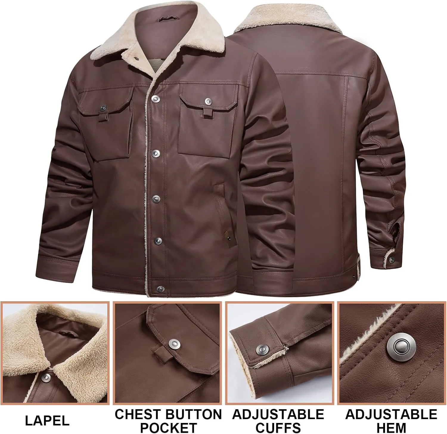 Men's Faux Leather Sherpa Lined Trucker Jacket Collar Winter Warm Coats Multi Pocket