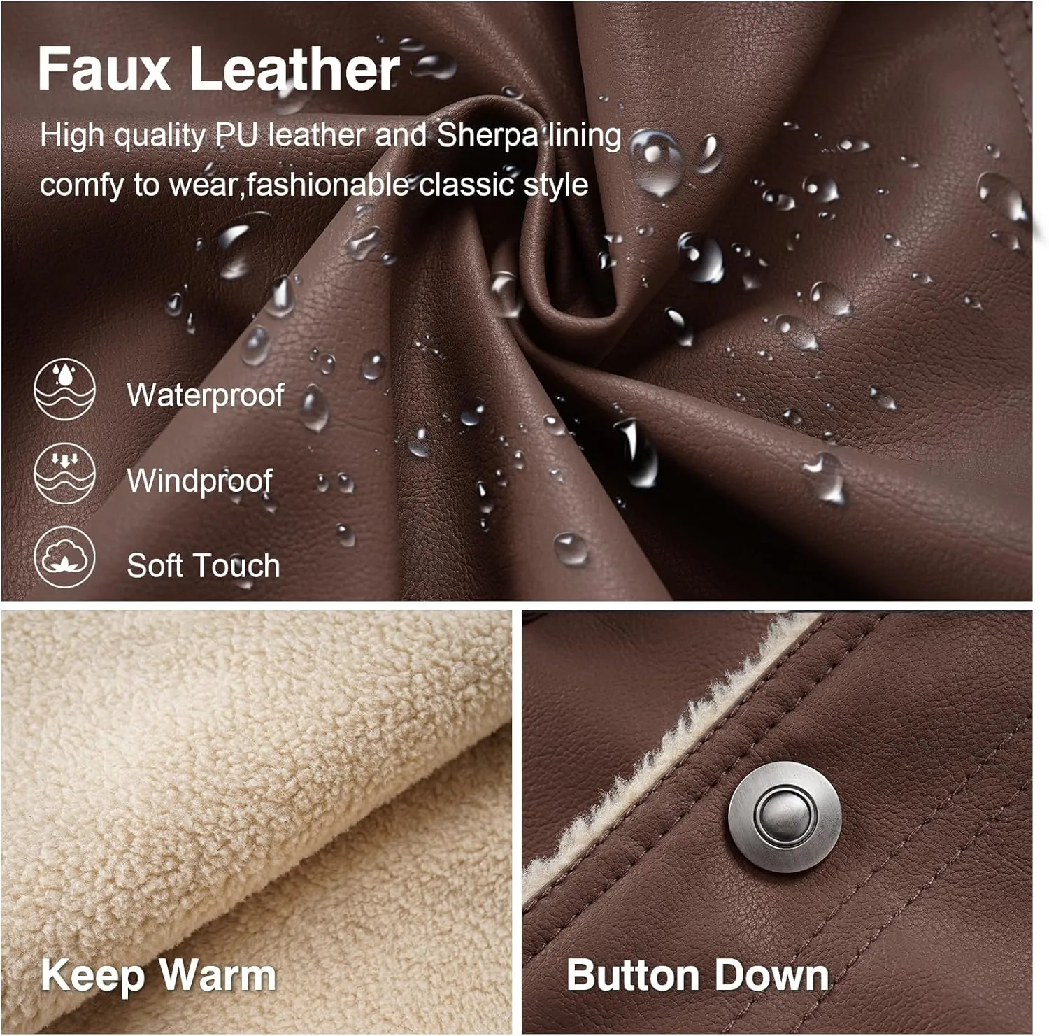 Men's Faux Leather Sherpa Lined Trucker Jacket Collar Winter Warm Coats Multi Pocket