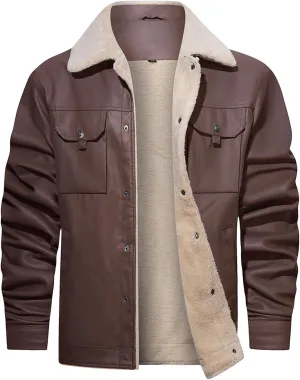 Men's Faux Leather Sherpa Lined Trucker Jacket Collar Winter Warm Coats Multi Pocket