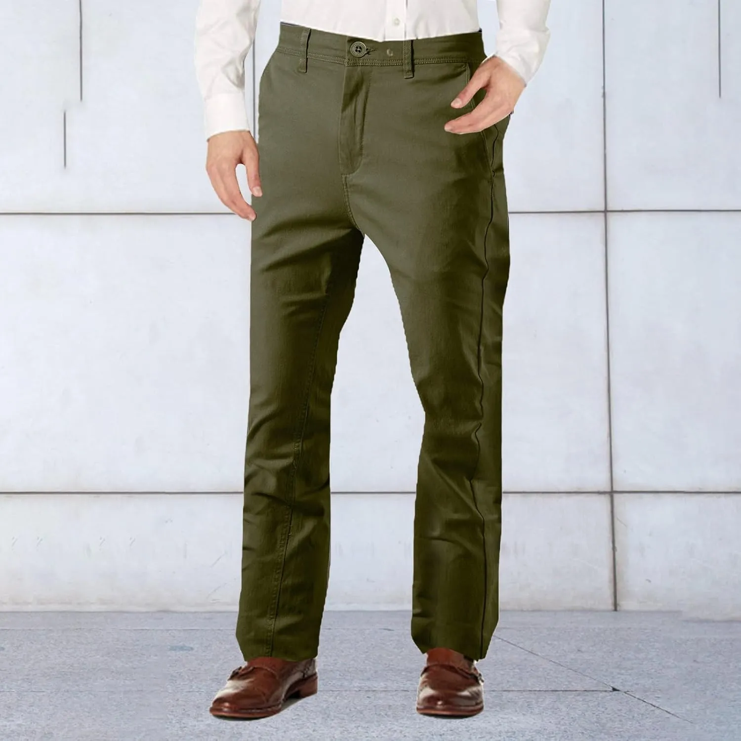 Mens Fleece Chino Carpenter Pants Big&Tall Elastic Waist Flat Front Casual Smart Business Trousers Winter Work Pant Plus Size