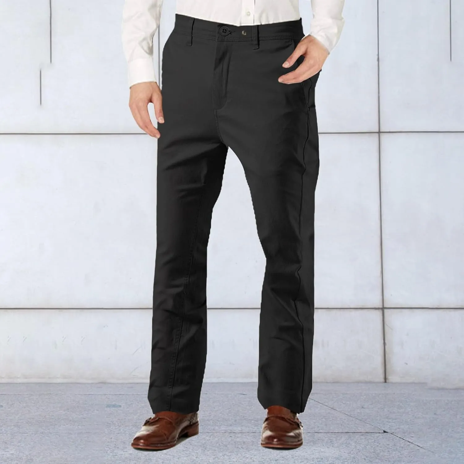 Mens Fleece Chino Carpenter Pants Big&Tall Elastic Waist Flat Front Casual Smart Business Trousers Winter Work Pant Plus Size
