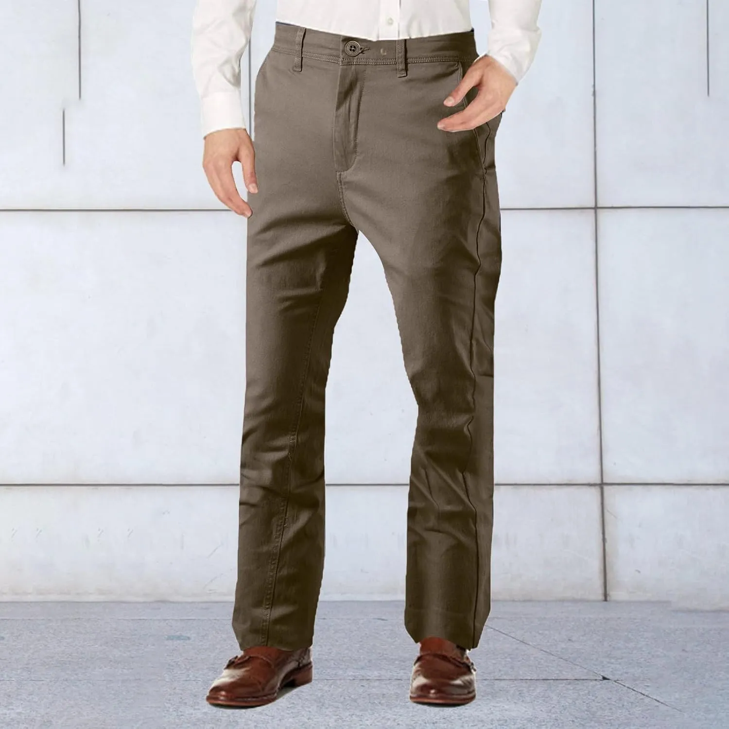 Mens Fleece Chino Carpenter Pants Big&Tall Elastic Waist Flat Front Casual Smart Business Trousers Winter Work Pant Plus Size