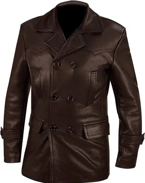 Men's German WW2 Black Leather Long Trench Coat Marine Imperial Navy U-Boat Submarine Captain Brown Leather Jacket