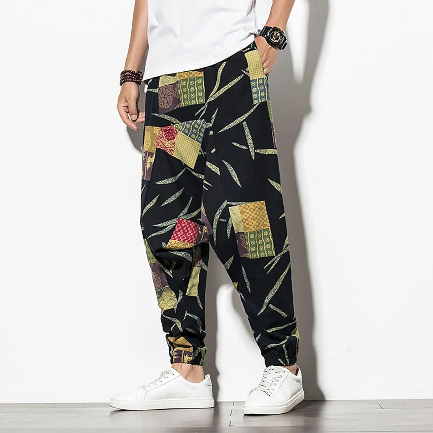 Men's Hippie Harem Pants Baggy Cotton Linen Summer Boho Yoga Pants Elastic Waist Drawstring Drop Crotch Trousers with Pocket