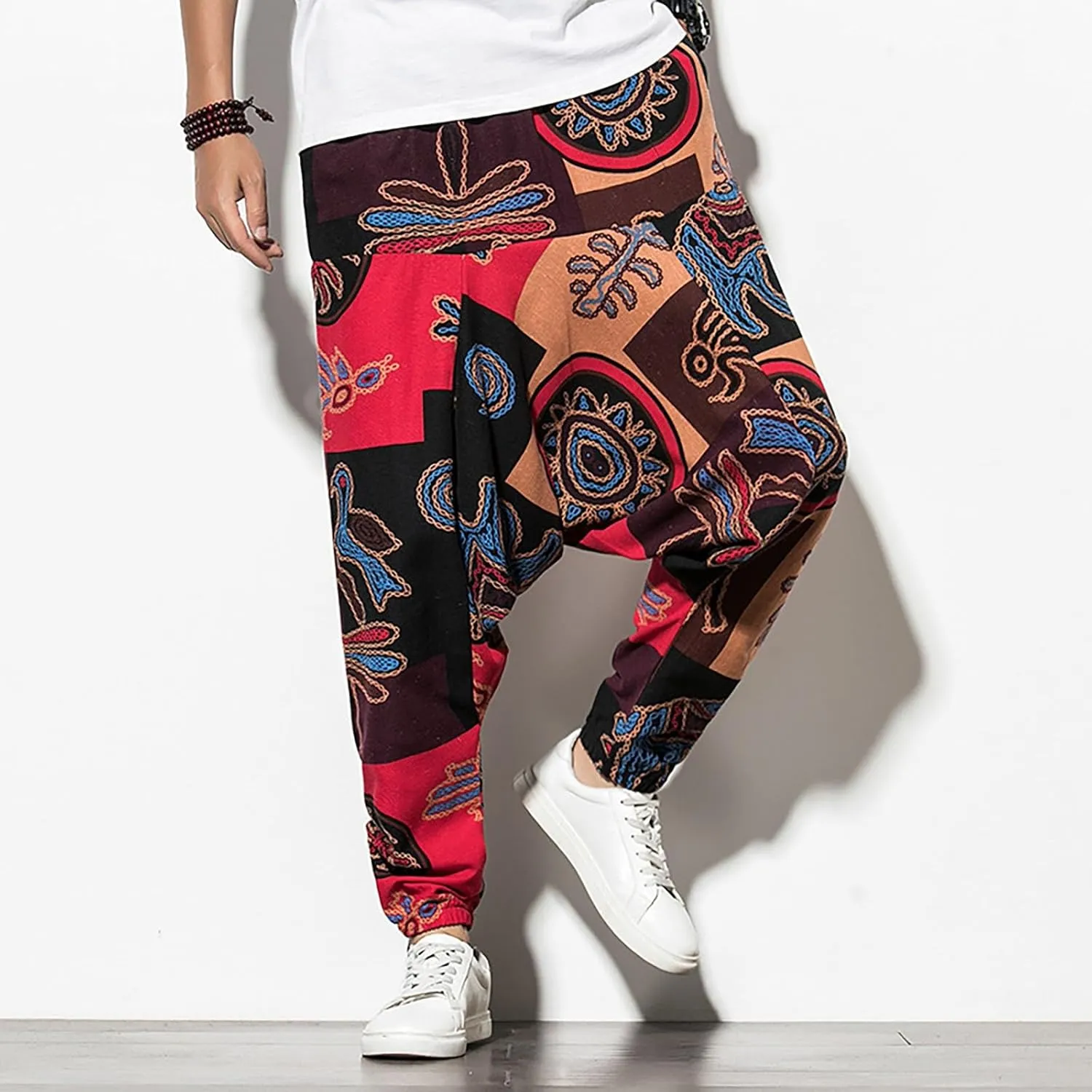 Men's Hippie Harem Pants Baggy Cotton Linen Summer Boho Yoga Pants Elastic Waist Drawstring Drop Crotch Trousers with Pocket
