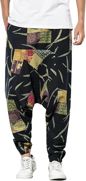Men's Hippie Harem Pants Baggy Cotton Linen Summer Boho Yoga Pants Elastic Waist Drawstring Drop Crotch Trousers with Pocket