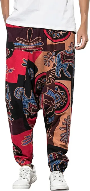 Men's Hippie Harem Pants Baggy Cotton Linen Summer Boho Yoga Pants Elastic Waist Drawstring Drop Crotch Trousers with Pocket