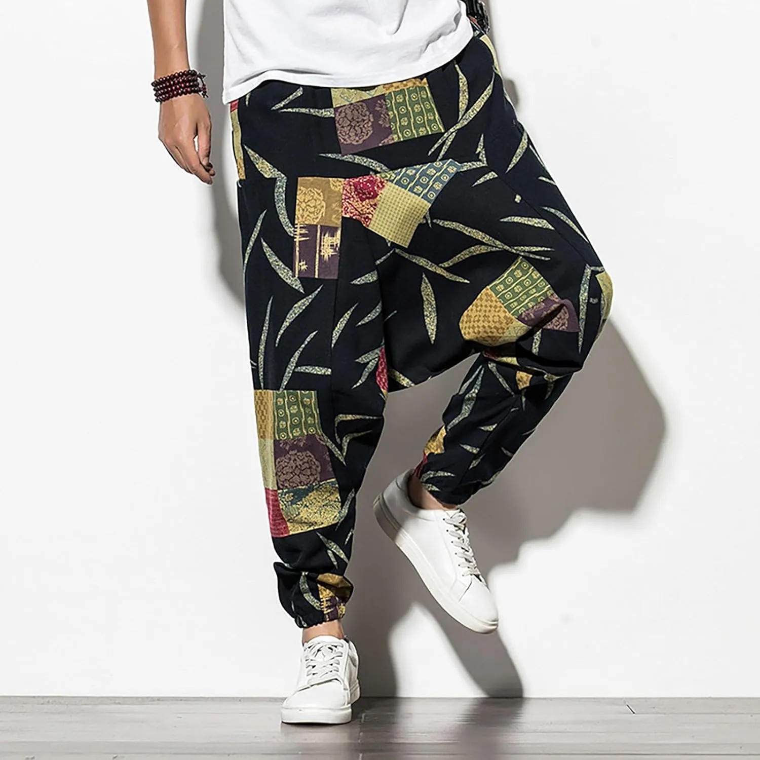 Men's Hippie Harem Pants Baggy Cotton Linen Summer Boho Yoga Pants Elastic Waist Drawstring Drop Crotch Trousers with Pocket