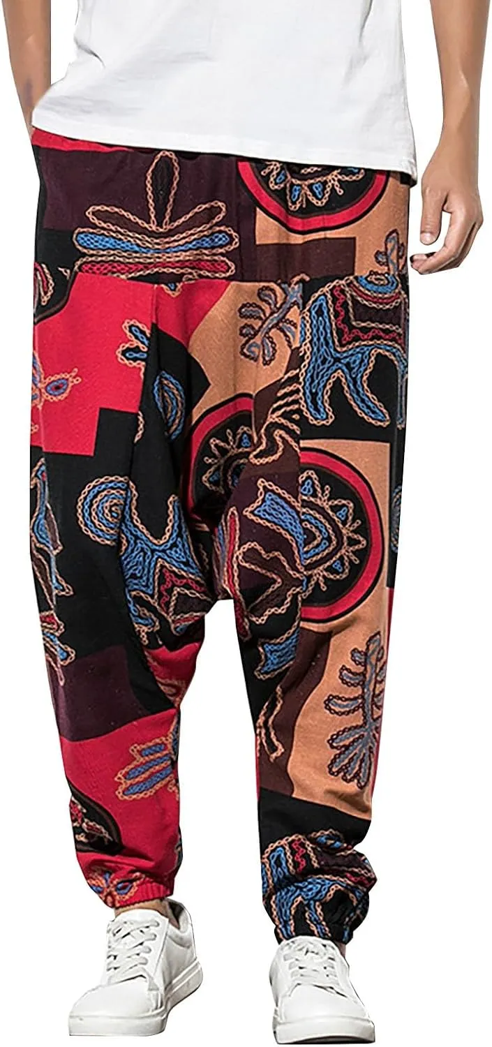 Men's Hippie Harem Pants Baggy Cotton Linen Summer Boho Yoga Pants Elastic Waist Drawstring Drop Crotch Trousers with Pocket
