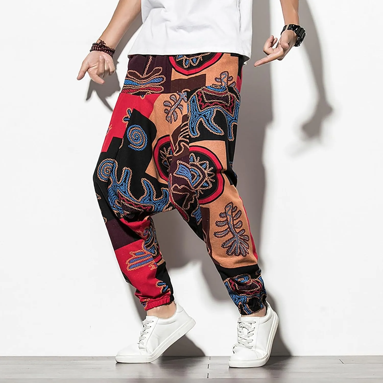 Men's Hippie Harem Pants Baggy Cotton Linen Summer Boho Yoga Pants Elastic Waist Drawstring Drop Crotch Trousers with Pocket
