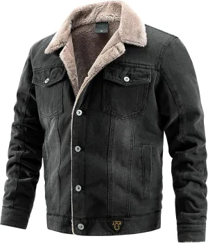 Men'S Jean Jacket Casual Loose Button Lapel Sherpa Fleece Lined Thicken Trucker Jacket Coats
