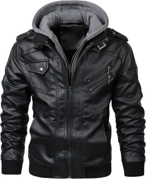 Men's Leather Jacket Men's Slim Fit Zipper PU Jacket Autumn and Winter Men's Leather Jacket Motorcycle Jacket(Black,L)