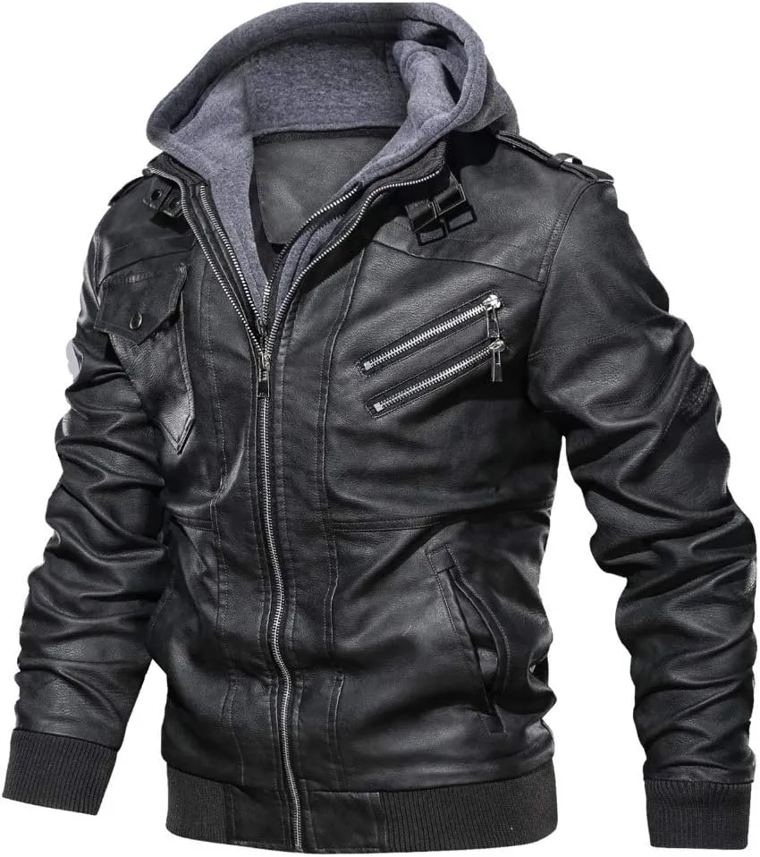 Men's Leather Jacket Men's Slim Fit Zipper PU Jacket Autumn and Winter Men's Leather Jacket Motorcycle Jacket(Black,L)