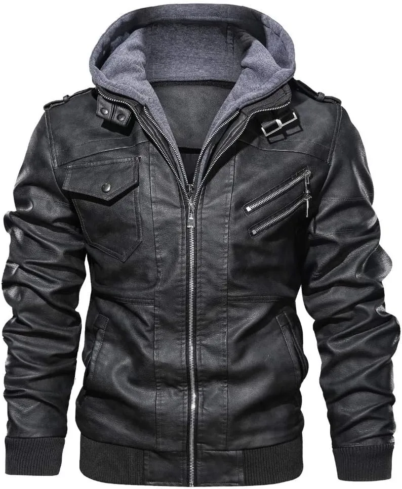 Men's Leather Jacket Men's Slim Fit Zipper PU Jacket Autumn and Winter Men's Leather Jacket Motorcycle Jacket(Black,L)