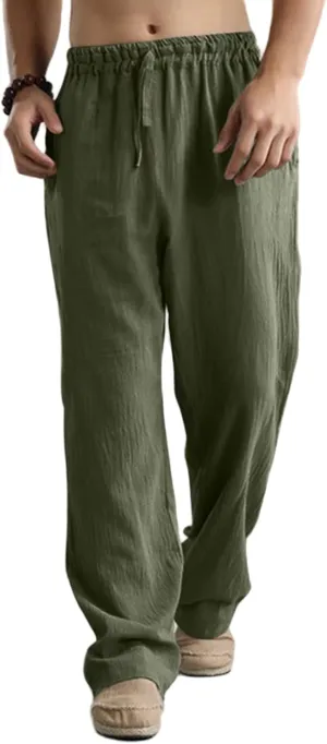 Mens Linen Sweatpants Drawstring Elastic Waist Casual Trendy Lightweight Pants Athletic Joggers Trousers with Pockets