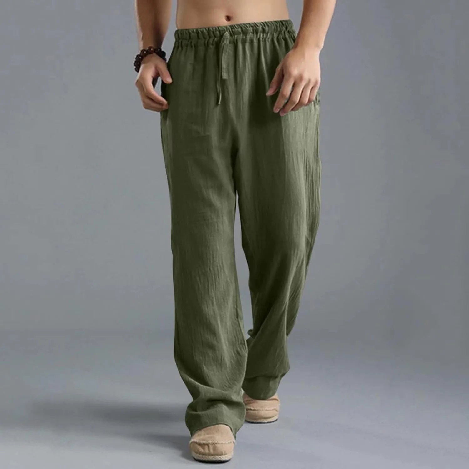 Mens Linen Sweatpants Drawstring Elastic Waist Casual Trendy Lightweight Pants Athletic Joggers Trousers with Pockets