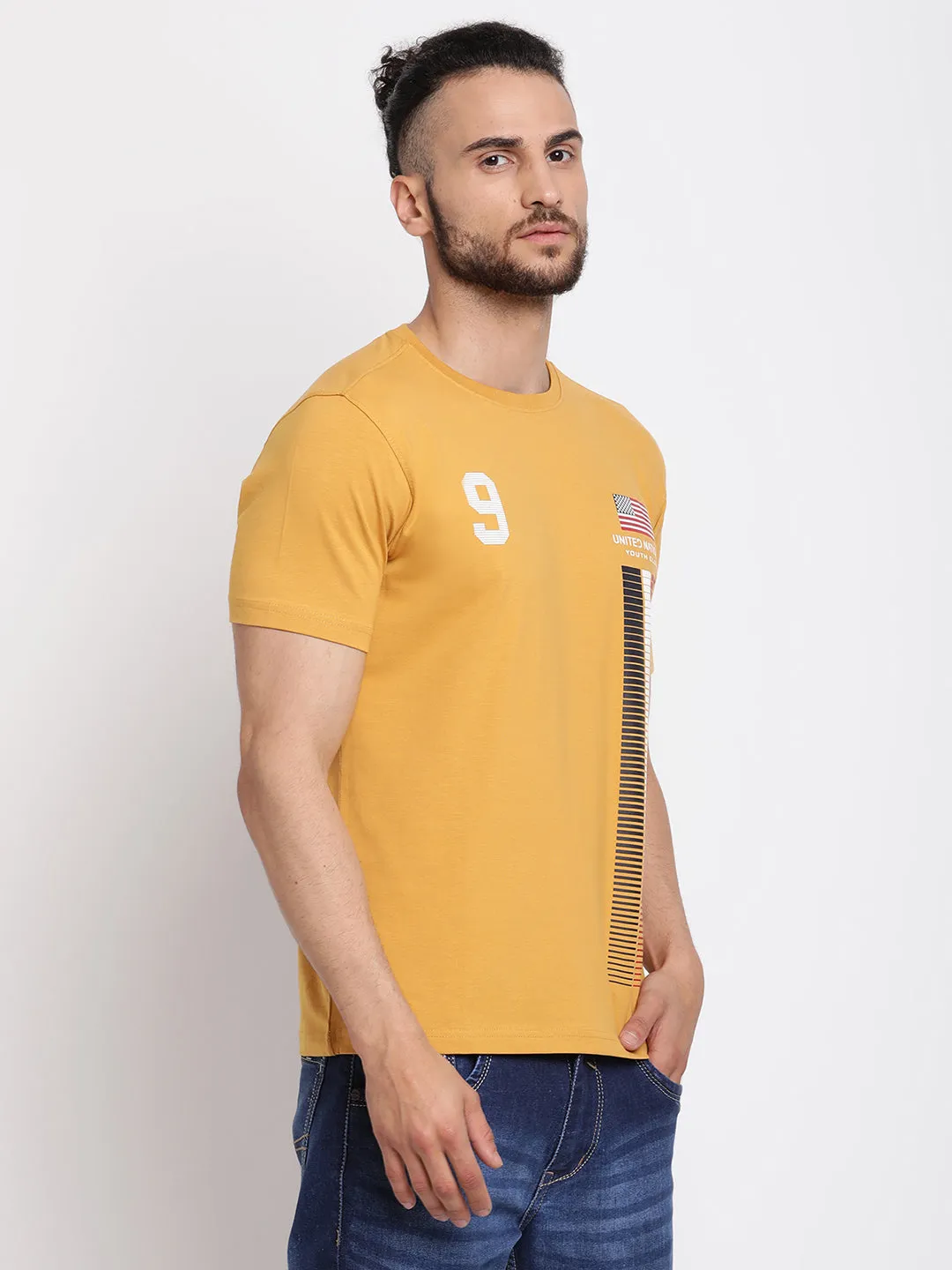 Men's Mustard  Round neck Half Sleeve T-Shirt with Print