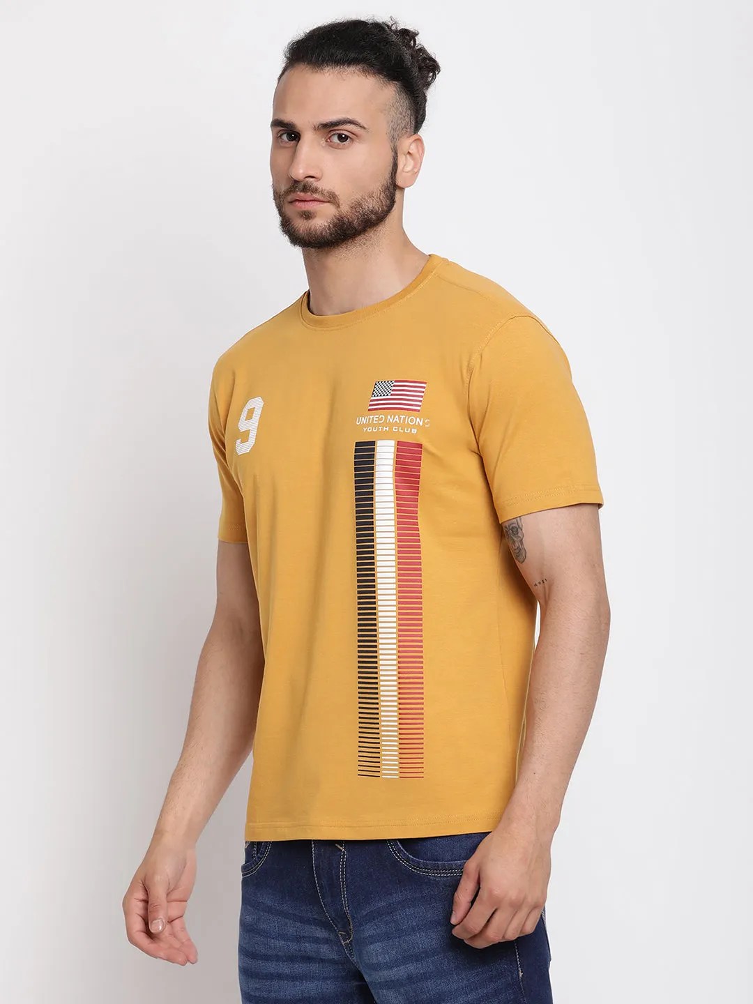 Men's Mustard  Round neck Half Sleeve T-Shirt with Print