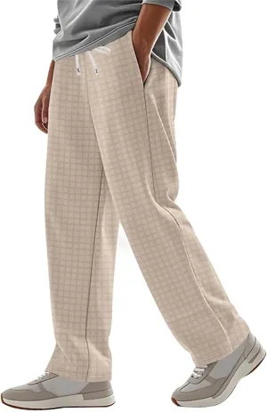 Mens Plaid Pants Straight Leg Casual Pants Open Bottom Fashion Sweatpants Loose Drawstring Waist Trousers for Summer