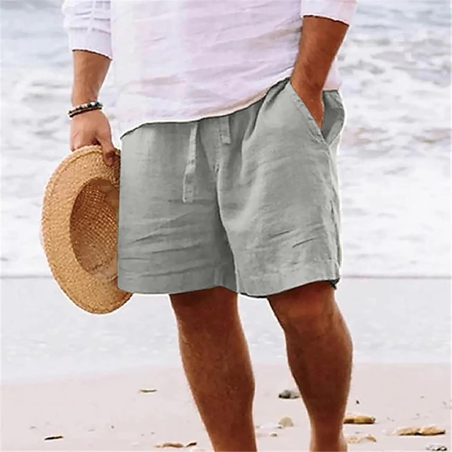 Mens Shorts Summer Trendy Cotton Linen Sport Pants Elastic Waist Drawstring Trousers Straight Beach Pants with Pockets