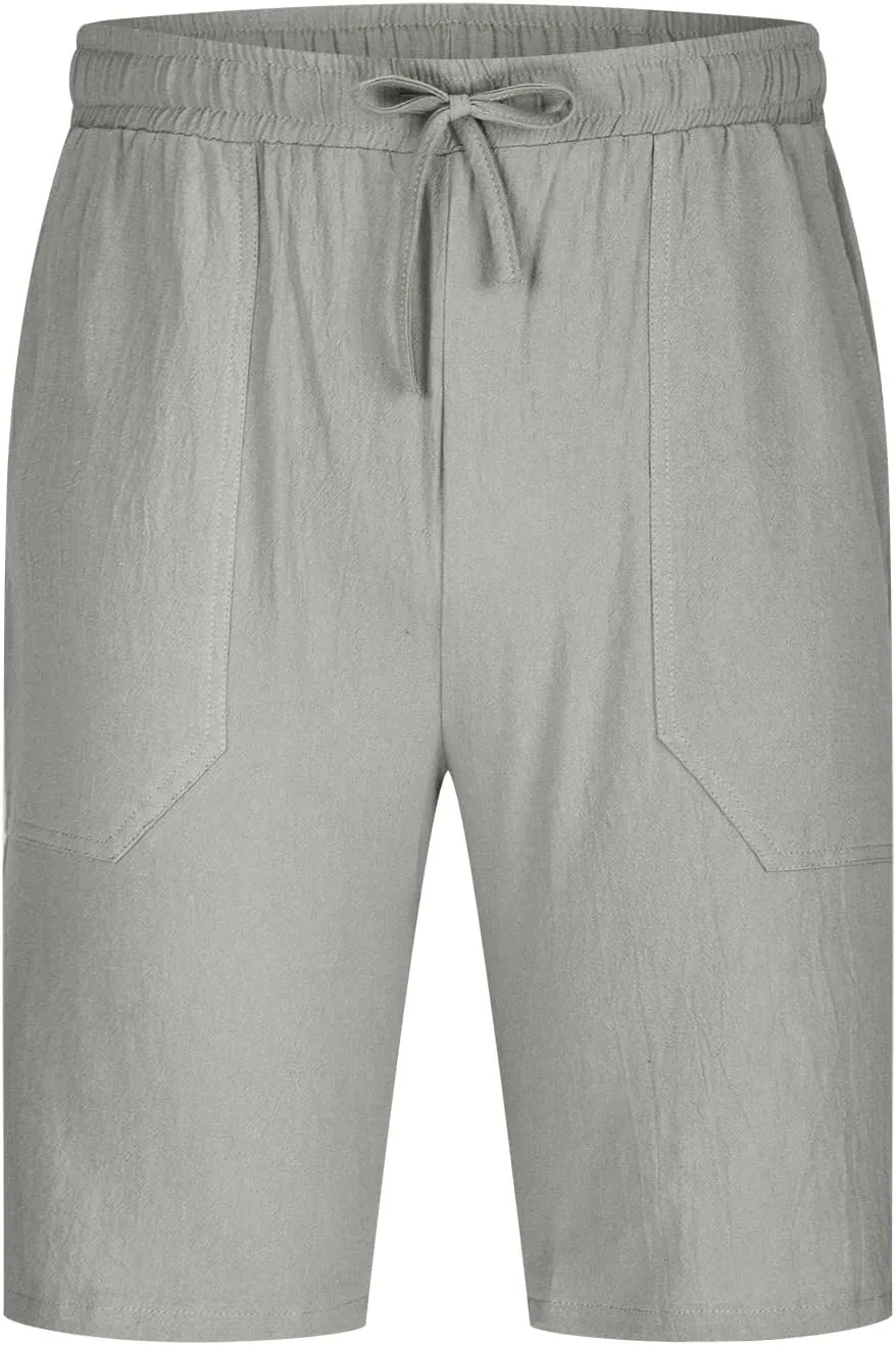 Mens Shorts Summer Trendy Cotton Linen Sport Pants Elastic Waist Drawstring Trousers Straight Beach Pants with Pockets
