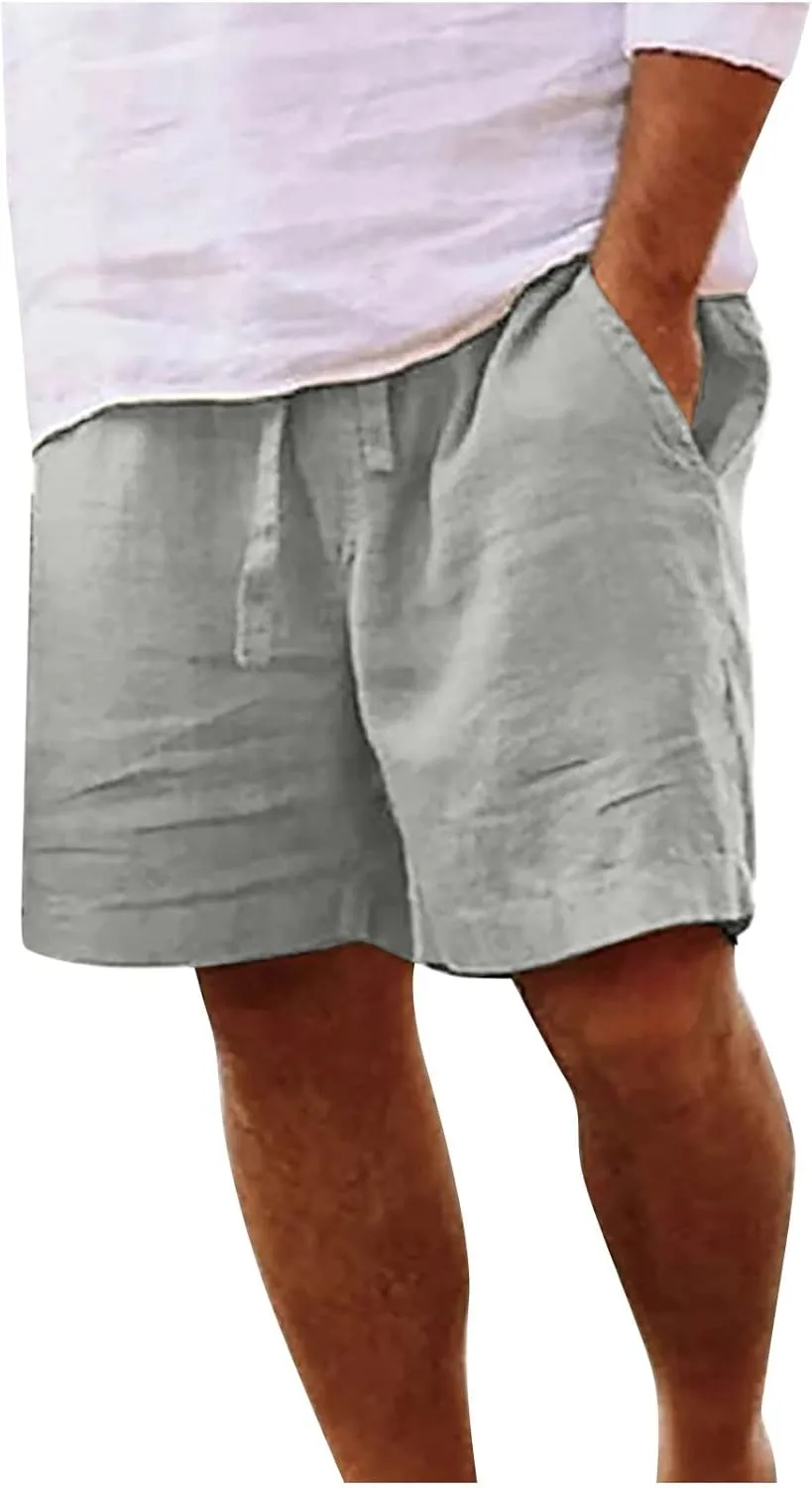 Mens Shorts Summer Trendy Cotton Linen Sport Pants Elastic Waist Drawstring Trousers Straight Beach Pants with Pockets