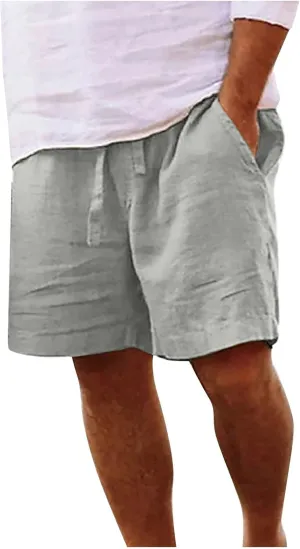 Mens Shorts Summer Trendy Cotton Linen Sport Pants Elastic Waist Drawstring Trousers Straight Beach Pants with Pockets