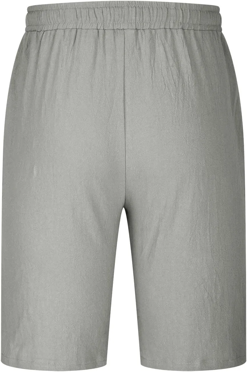 Mens Shorts Summer Trendy Cotton Linen Sport Pants Elastic Waist Drawstring Trousers Straight Beach Pants with Pockets
