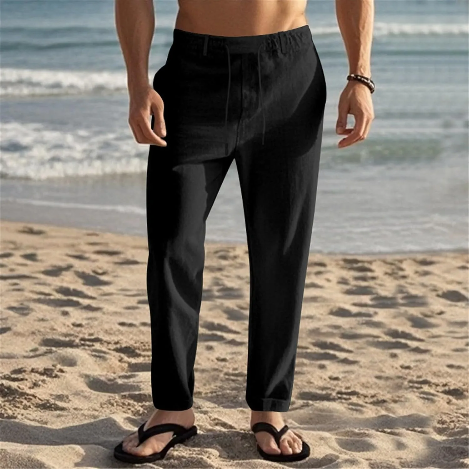 Men's Slim Fit Cotton Linen Pants Elastic Waist Lightweight Lacing Up Casual Pants Yoga Beach Trousers with Pockets