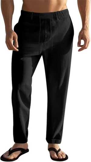 Men's Slim Fit Cotton Linen Pants Elastic Waist Lightweight Lacing Up Casual Pants Yoga Beach Trousers with Pockets