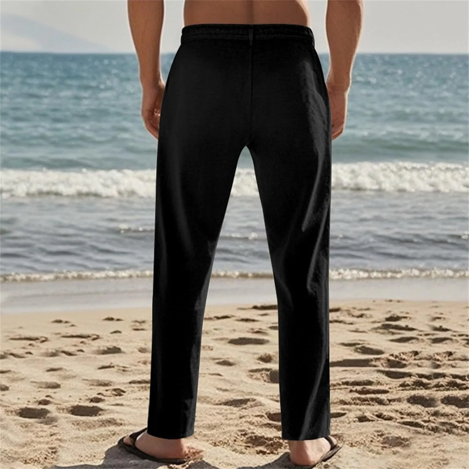 Men's Slim Fit Cotton Linen Pants Elastic Waist Lightweight Lacing Up Casual Pants Yoga Beach Trousers with Pockets