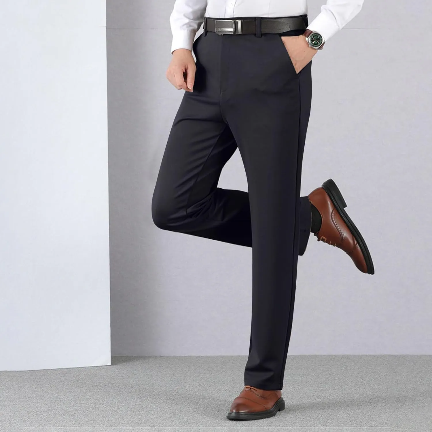 Mens Slim Fit Dress Pants Casual Business Formal Straight Leg Work Suit Pant Expandable Waist Flat Front Trouser 2025
