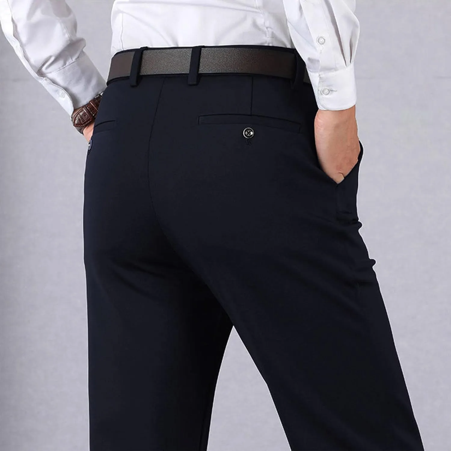 Mens Slim Fit Dress Pants Casual Business Formal Straight Leg Work Suit Pant Expandable Waist Flat Front Trouser 2025