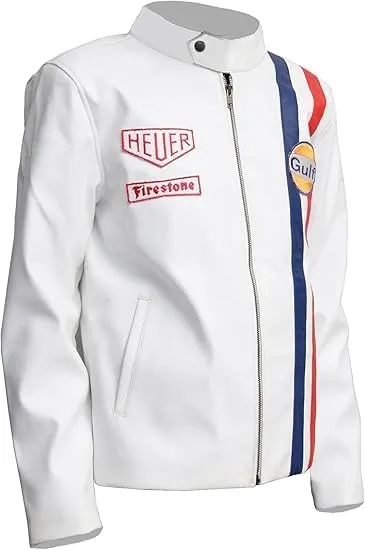 Mens Steve McQueen Jacket Le Mans Multi Colors Gulf Stripes Racing Biker Leather Jacket