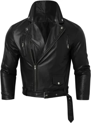 Men's Vintage Faux Leather Motorcycle Jacket with Asymmetrical Zipper and Belt Slim Fit Biker Coat for Casual Wear