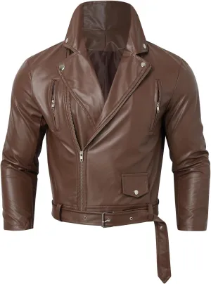 Men's Vintage Faux Leather Motorcycle Jacket with Asymmetrical Zipper and Belt Slim Fit Biker Coat for Casual Wear