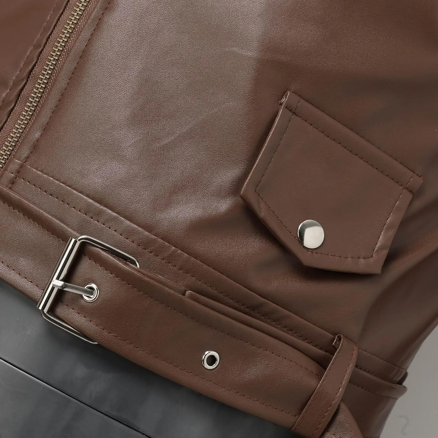 Men's Vintage Faux Leather Motorcycle Jacket with Asymmetrical Zipper and Belt Slim Fit Biker Coat for Casual Wear